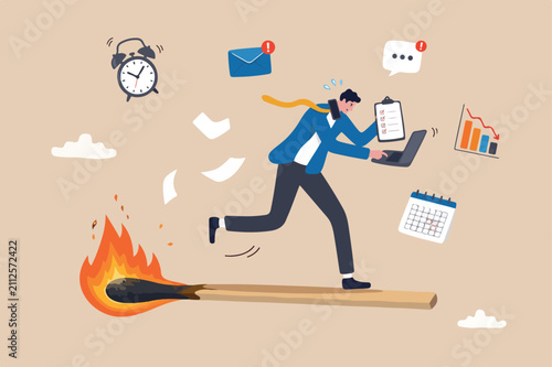 Toxic productivity, panic or burnout employee, overworked to finish work within timeline, hurry to complete multitasking or urgent work schedule concept, productive businessman burning matchstick