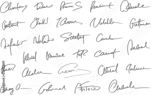 Una colección de varias firmas manuscritas y estilos de caligrafía cursiva aislados sobre un fondo blanco liso