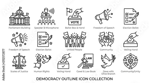 Democracy and Civil Rights Outline Icon Collection featuring Voting, Justice, Equality, and Social Participation Symbols for Civic Engagement