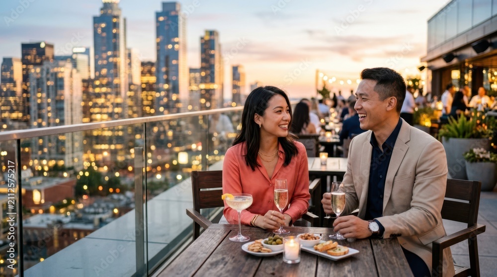 Fototapeta premium Couple enjoys rooftop drinks with city skyline at sunset