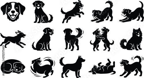 Bild auf Leinwand Collection of playful and happy dog silhouettes in various poses on a pure