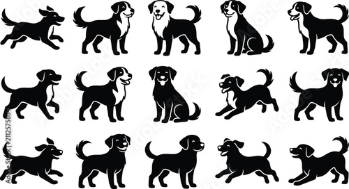 Bild auf Leinwand Collection of playful and happy dog silhouettes in various poses on a pure