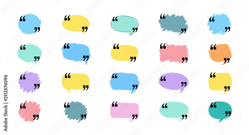 Fototapeta premium Colorful quote box collection, 20 pastel speech bubble vector set, hand drawn brush stroke text frames for testimonials and social media