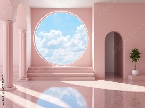 Pastel pink minimalist interior with round window view of blue sky and clouds for product display