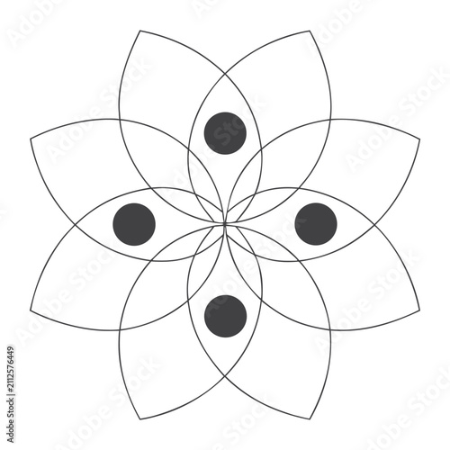 Floral ornament with dark circles black and white line drawing