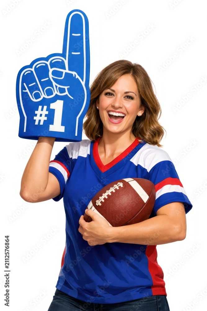 Fototapeta premium Cheerful fan holding foam finger.