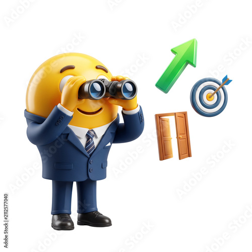 3D Business Emoji with Binoculars and Success Growth Icons