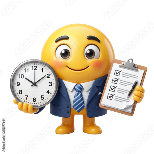 Emoji Businessman Holding Clock and Checklist for Time Management