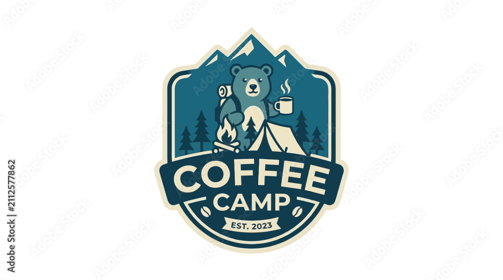 Fototapeta premium Vintage Bear Character Holding Coffee Mug in Camping Wilderness Badge Logo