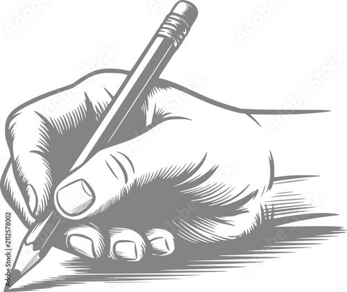 Obraz na płótnie 鉛筆を持って平らな面で書いている人間の手の詳細な白黒イラスト