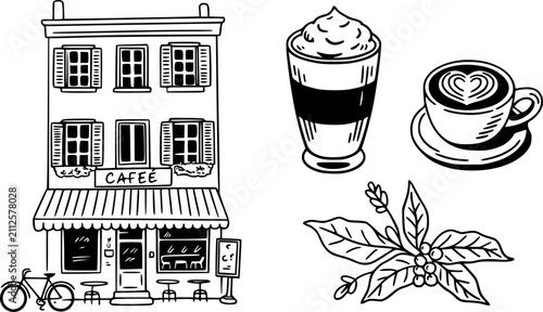 Foto 白い背景の上のコーヒー飲料とコーヒー豆のある居心地の良いカフェの建物の手描き図