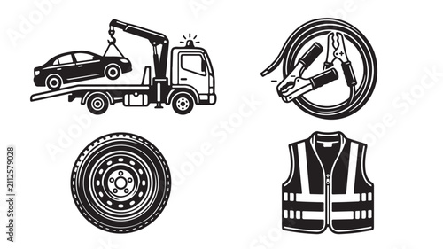 Black and white line art illustrations of car towing truck wheel jumper cables and safety vest