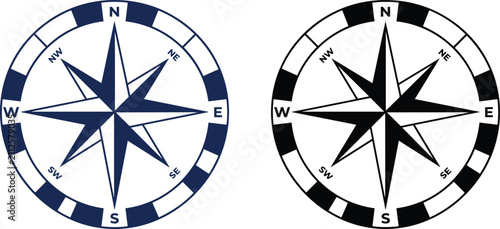 Vintage compass rose vector illustration set featuring dark blue and black nautical navigation symbol designs