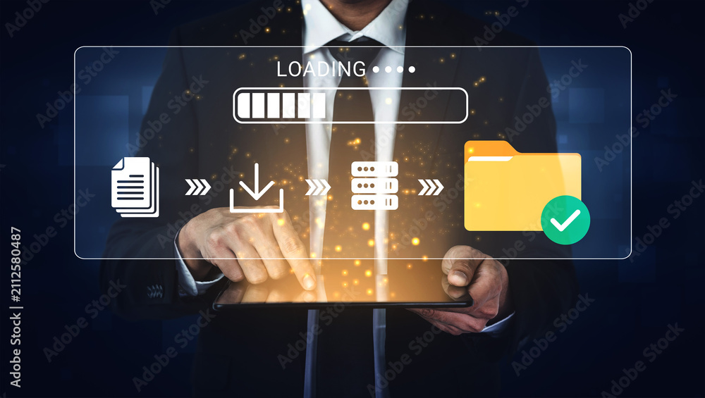 Obraz premium Businessman Using Tablet for Data Upload and Download with Progress Bar and Checkmark Icon in Modern Digital Workspace. Glyphic.