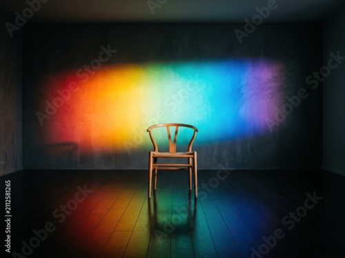 Wooden chair in dark room with vibrant rainbow light projection on wall and floor