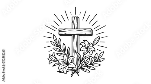 Bild auf Leinwand Creative Black and White Line Drawing of Cross with Lilies and Sun Rays Symbolic