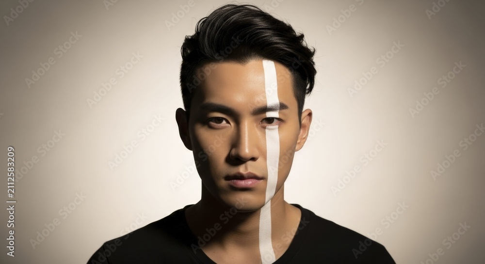 Obraz premium asian man with vertical white face paint stripe, minimal dramatic portrait