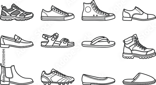 Konstfotografi Footwear and Men Women Shoe Icon Set with Sneakers Loafers Boots Sandals and Fla