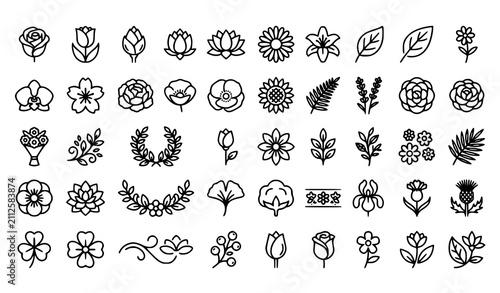 Collection of Floral Botanical Nature Decorative Outline Icons Vector Illustration Set