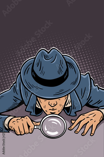 Private detective searching for clues with magnifying glass vector illustration
