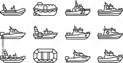 Bild auf Leinwand Maritime Rescue Crafts and Coast Guard Patrol Vessels Icon Set with Ambulance Li