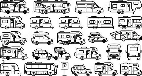 Quadro su tela Recreational Vehicle RV and Camping Trailer Icon Set with Motorhomes Camper Vans