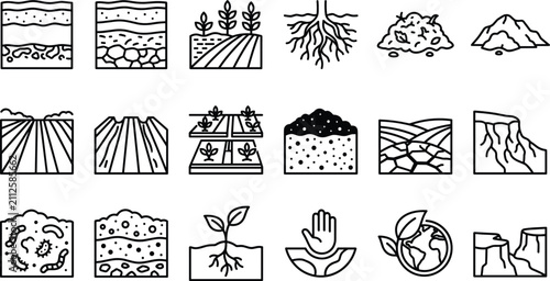 Tableau sur toile Soil erosion agriculture and geology line icons set including earth layers plant