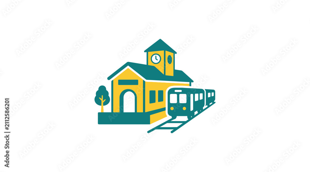 Fototapeta premium Modern Train Station Building with Train on Tracks, Vector Illustration