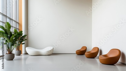 Modern Empty Lobby Lounge Sculptural Seating Serene Architect Alternate Seating Perspective, calming empty waiting room, modern commercial interior, relaxing hospitality design