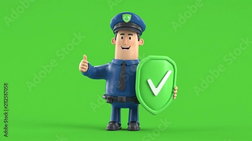 A security guard standing, wearing a dark blue uniform and cap, a green badge, and a black tie, set against a green background; a 3D model.