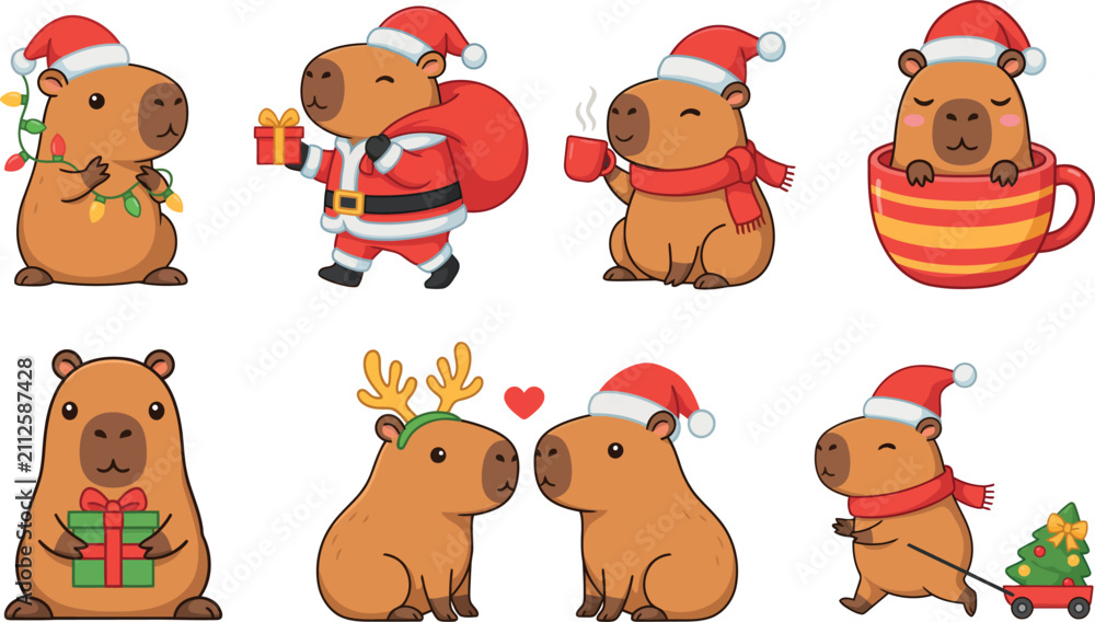 Fototapeta premium Cute Christmas Capybara Character Clipart Set Vector with Santa Claus Suit, Reindeer Antlers, Mug, and Winter Holiday Outfits on Isolated White Background