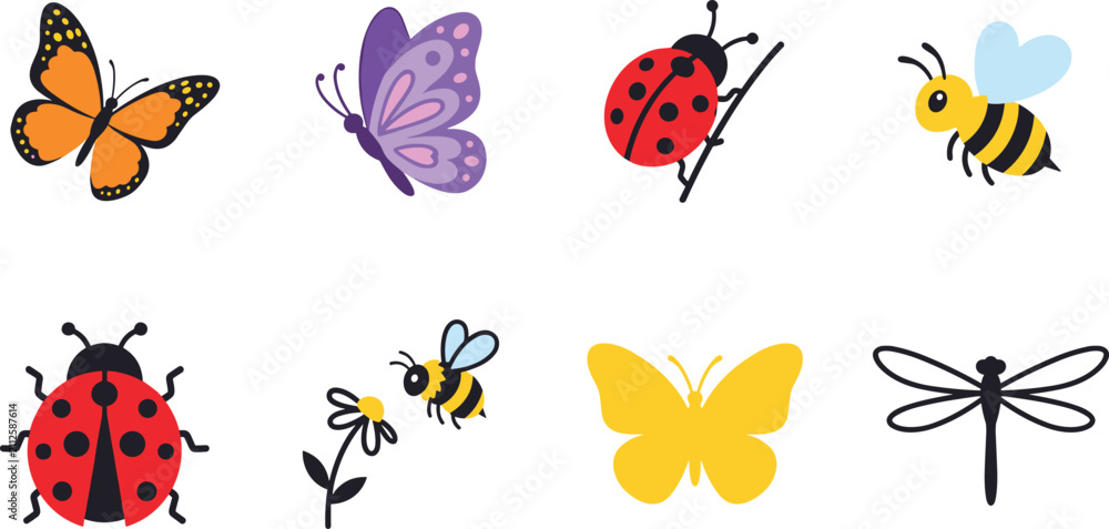 Fototapeta premium Cute Spring Insects Butterfly Ladybug Honeybee Dragonfly Vector Illustration Collection Set Isolated On White Background