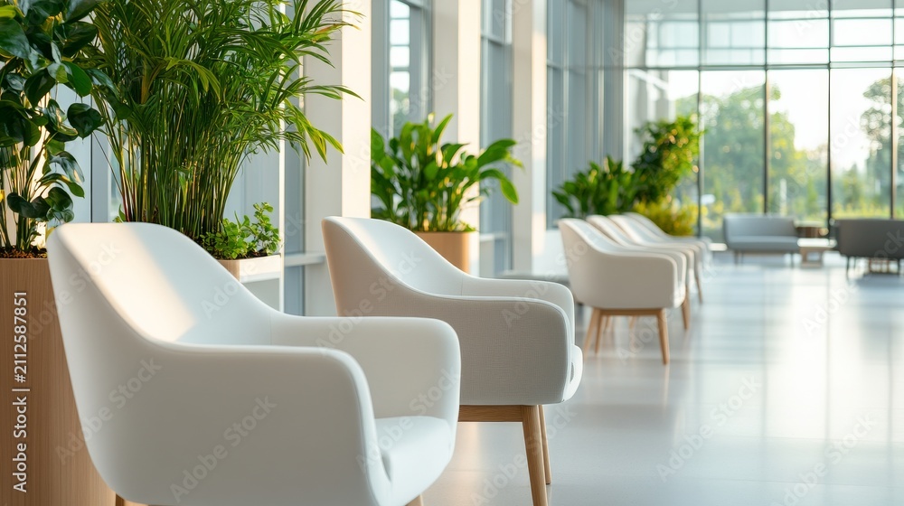 Fototapeta premium Spacious Waiting Room Indoor Plants Floor Ceiling Windows Wide Angle Interior View, calming empty waiting room, modern commercial interior, relaxing hospitality design