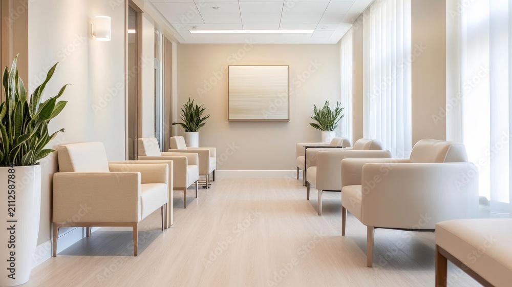 Fototapeta premium Spacious Waiting Room Soft Beige Tones Designer Seating Peace Detailed Room Composition, calming empty waiting room, modern commercial interior, relaxing hospitality design