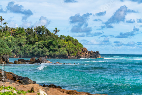 Tropical coastline with lush green palm trees and turquoise ocean waves at Ahangama, Sri Lanka. Scenic view of tropical beach with leaning coconut palms and ocean waves at Ahangama, Sri Lanka.