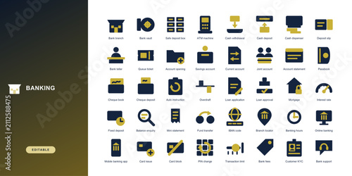 Banking icons set. Includes bank branch, bank vault, safe deposit box, atm machine, cash withdrawal, cash deposit and more. Clean duotone flat icons. Scalable vector illustration.