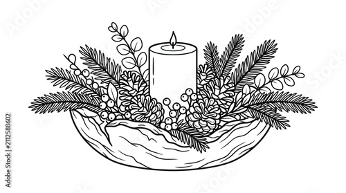 Minimalist Black and White of Hand Holding Christmas Greenery with Candle for Festive Decor with high quality professional line art symbols for modern creative design and digital branding projects