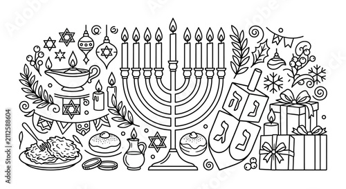 Minimalist Black and White of Hanukkah Symbols Candles Traditional Foods and Gifts for Festive Decoration