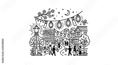 Minimalist Black and White of Traditional Japanese Festival with Lanterns People and Night Sky with high quality professional line art symbols for modern creative design and digital branding projects