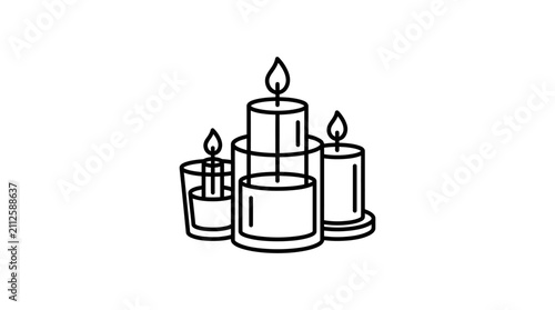 Minimalist Black and White of Three Lit Candles in Different Heights and Styles with high quality professional line art symbols for modern creative design and digital branding projects