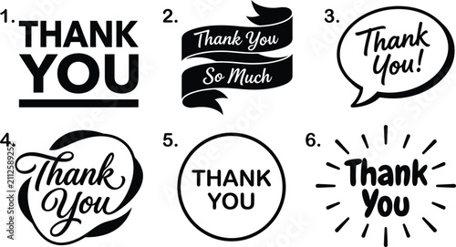Collection of six black and white thank you text designs isolated on transparent background silhouette