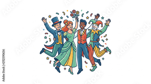 Картината върху платно Colorful illustrated group of dancing people celebrating together