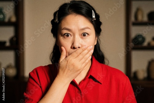 Woman with wide eyes covers mouth in shock or surprise. She holds hand firmly over lips, suggesting a secret or unbelievable news. Expresses utter amazement, disbelief or muted gasp.