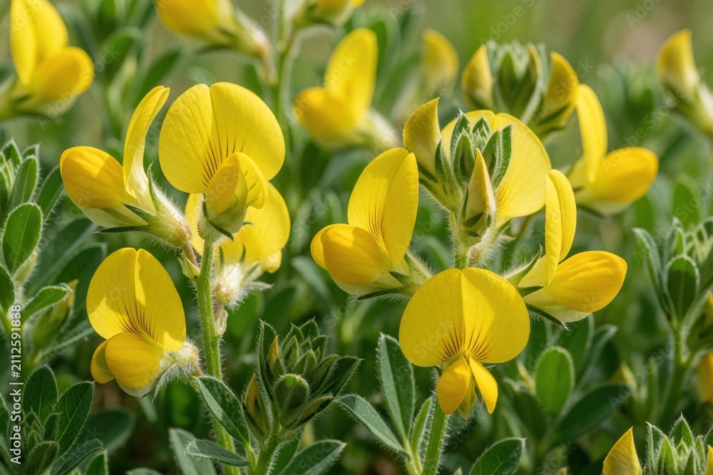 Obraz premium Macro shot of yellow Ononis pubescens wildflowers in field. Small bright blossom petals with hairy green leaves grow in meadow. Summer botanical plant flora details in natural sunlight. Wild plant