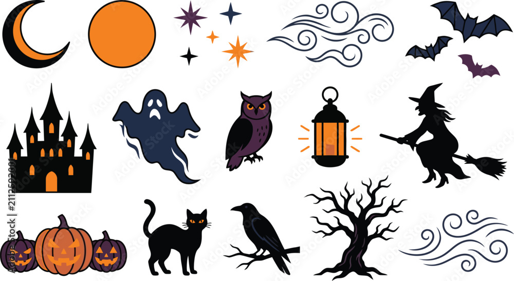 Fototapeta premium Collection of various halloween themed elements and spooky icons isolated on transparent background silhouette