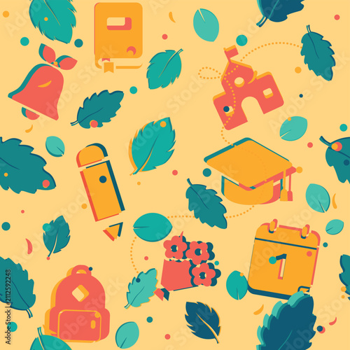 Abstract colorful seamless background with back to school and decorative leaves pattern