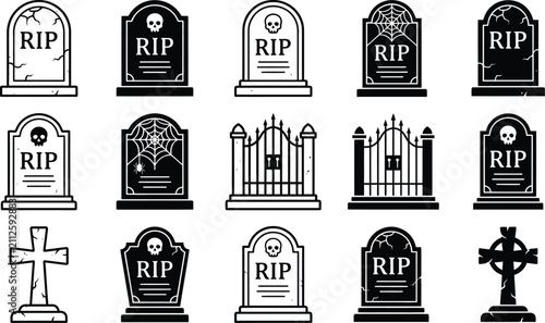 Collection of various gravestones and cemetery markers as an isolated object on transparent background silhouette isolated on transparent background