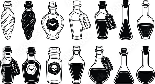 Konstfotografi Collection of various vintage magic potion bottles isolated on transparent backg
