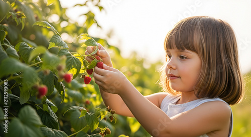 Young girl picking fresh raspberries in summer garden during daytime  