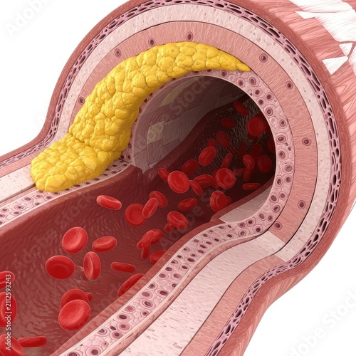 A detailed cross section of an artery shows yellow cholesterol plaque narrowing the blood vessel lumen and restricting red blood cell flow, lipid, red, lumen